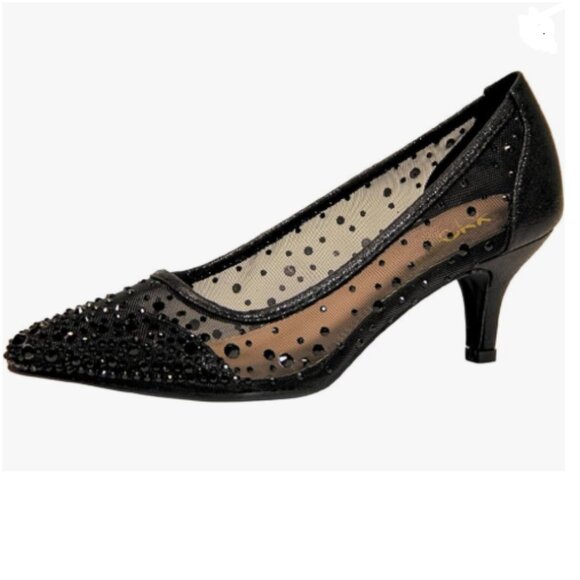 XYD Black Pointed Toe Slip On Mesh Pumps Rhinestone Studs Comfy Kitten Heel Shoe - Picture 1 of 8